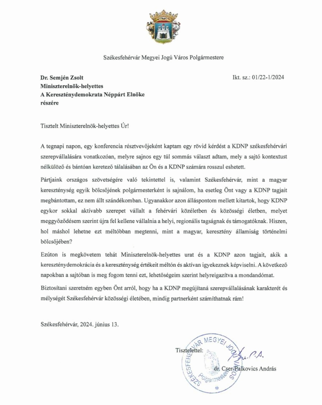 Cser-Palkovics András levele