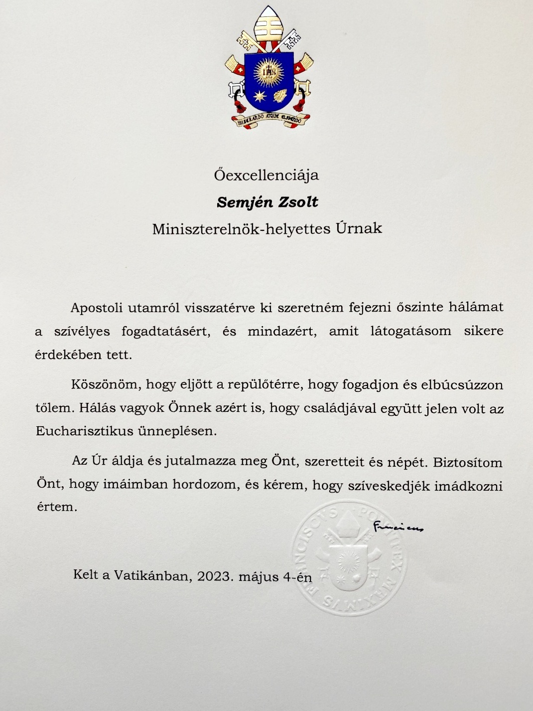 Ferenc pápa köszönőlevele Semjén Zsoltnak